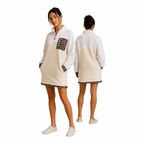 Front and back view of the Savana half-zip fleece dress in ivory with leopard print details