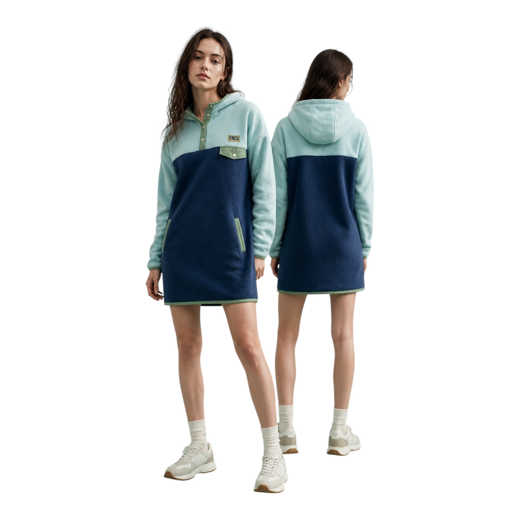 Front and back view of the Seaside hooded fleece dress in light blue, navy and sage green
