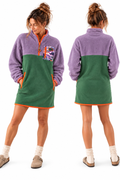 Front and back view of the Aspen sherpa fleece dress in lavender, dark sage green and orange