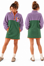 Front and back view of the Aspen sherpa fleece dress in lavender, dark sage green and orange