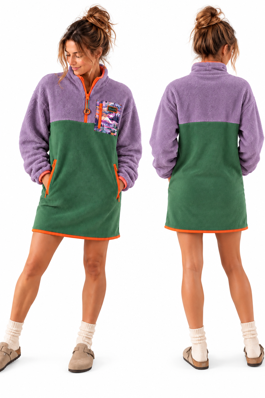 Front and back view of the Aspen sherpa fleece dress in lavender, dark sage green and orange