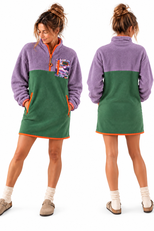 Front and back view of the Aspen sherpa fleece dress in lavender, dark sage green and orange