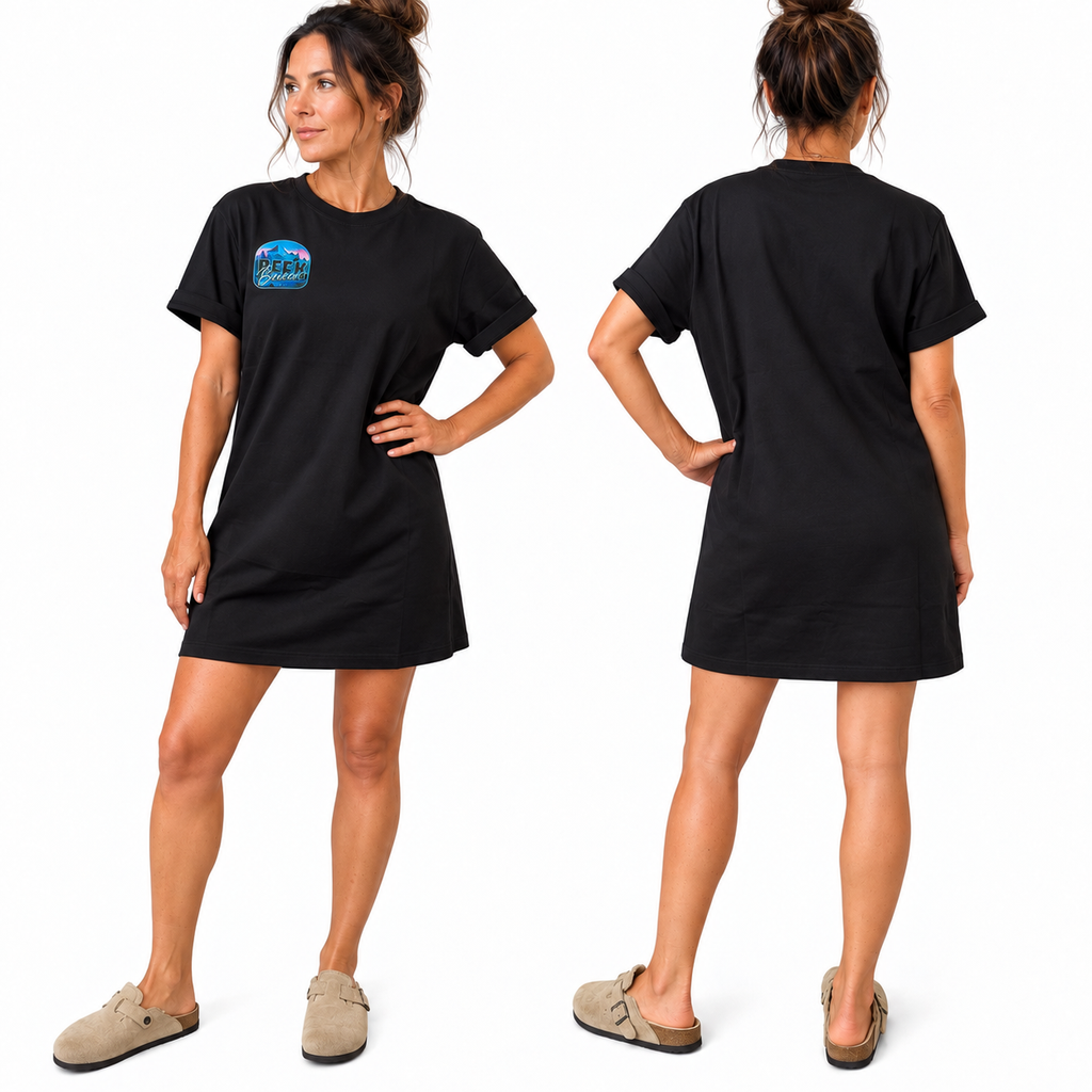Black Nomad T-shirt dress for women, front and back view