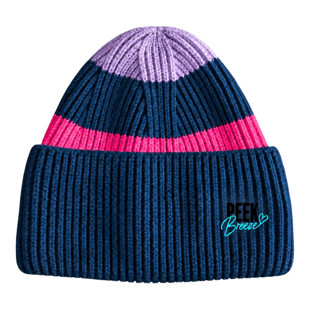 Ibiza ribbed knit beanie in navy, lilac and pink