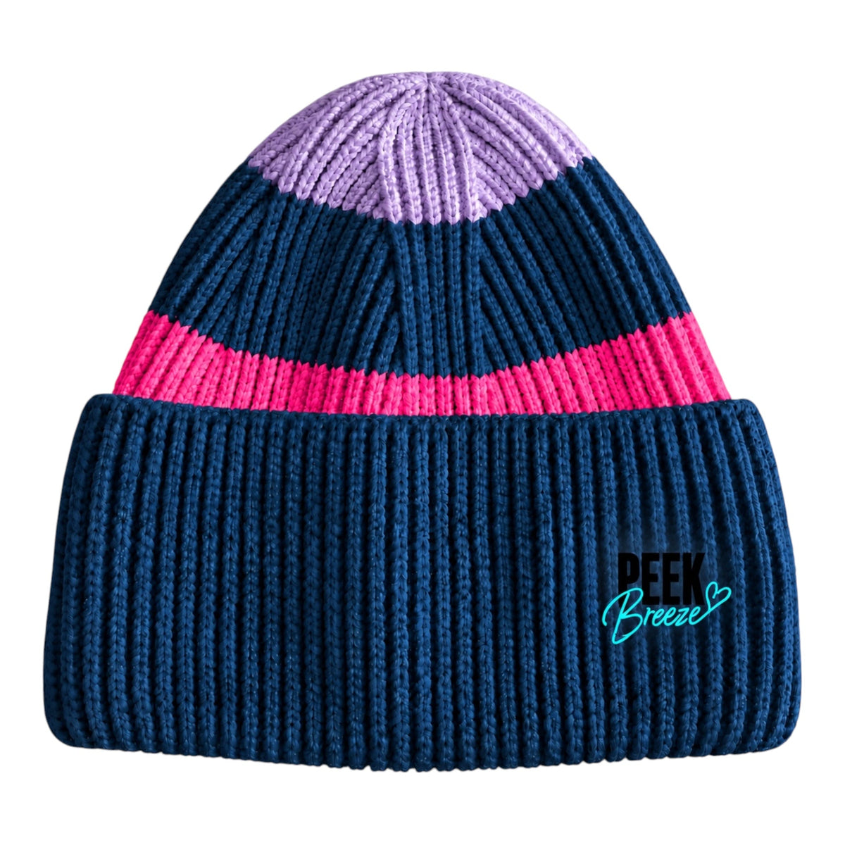 Ibiza ribbed knit beanie in navy, lilac and pink