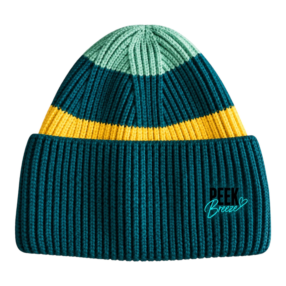 Lagoon ribbed knit beanie in ocean green, yellow and mint