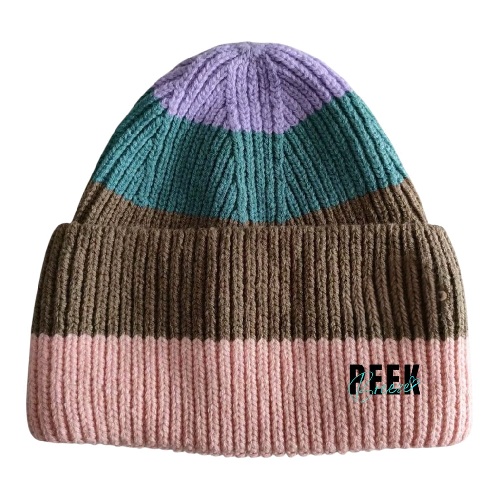 Sedona ribbed knit beanie in pink, brown, turquoise and lilac