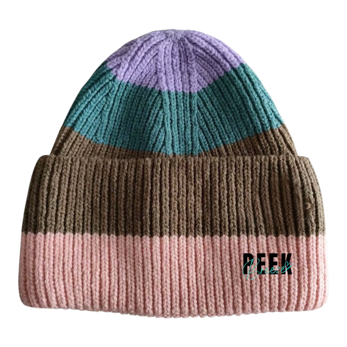 Sedona ribbed knit beanie in pink, brown, turquoise and lilac