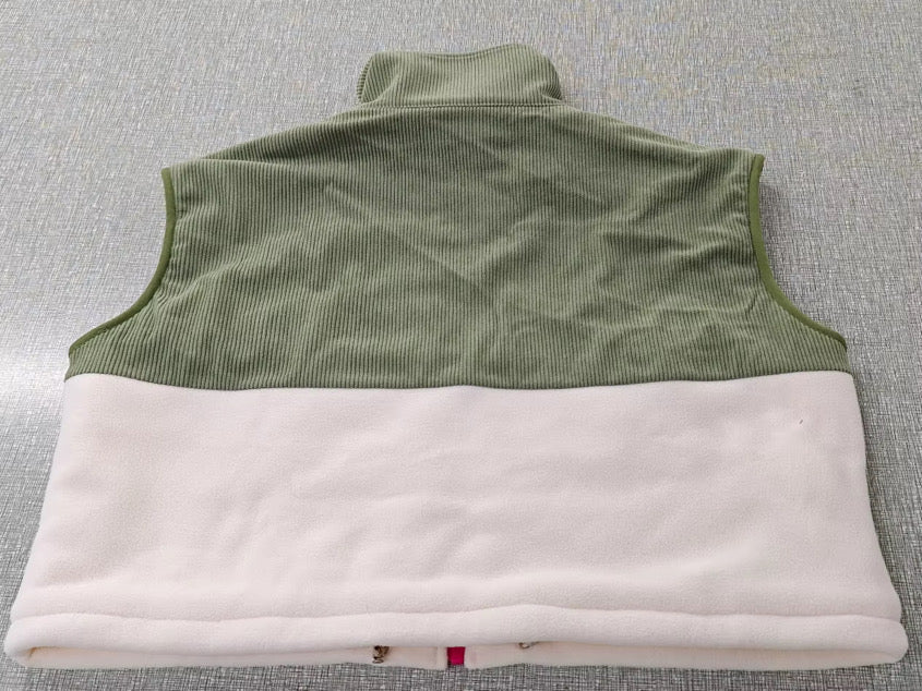 Back view of the Cedar vest in khaki corduroy and ivory fleece