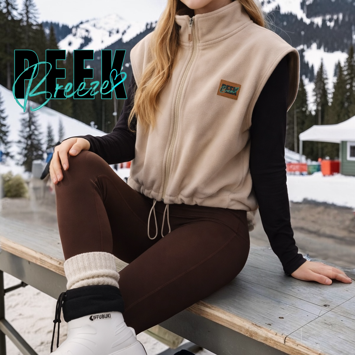 Woman wearing the Dune sand beige fleece vest in the mountains