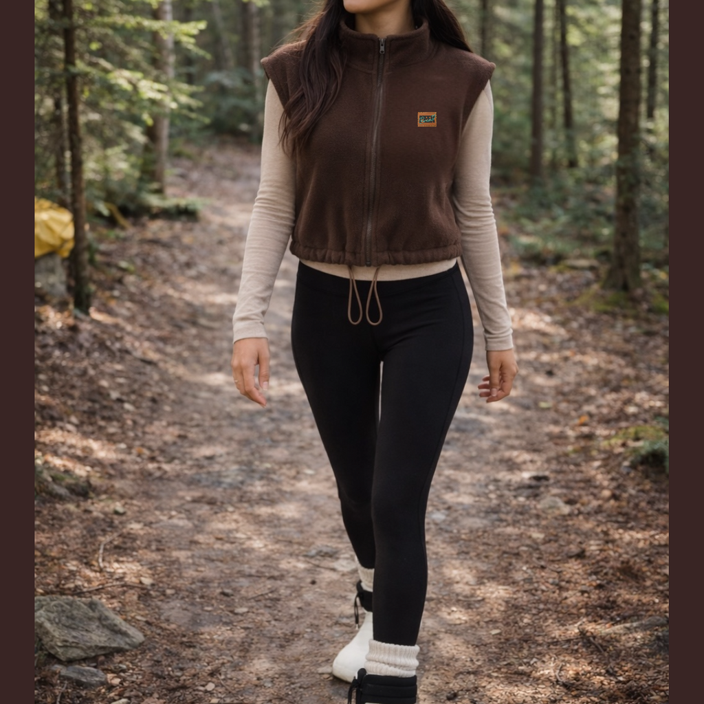 Woman wearing the Espresso chocolate brown fleece vest in the forest
