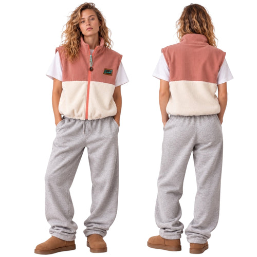Blossom full-zip vest in dusty pink corduroy and ivory fleece, front and back view