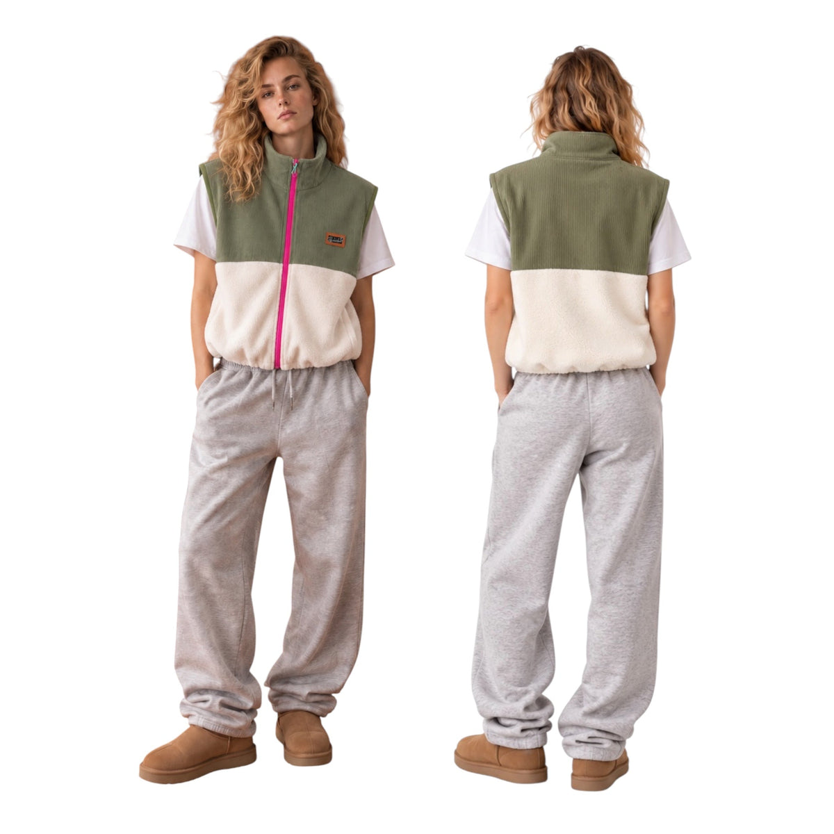 Cedar full-zip vest in khaki corduroy and ivory fleece, front and back view