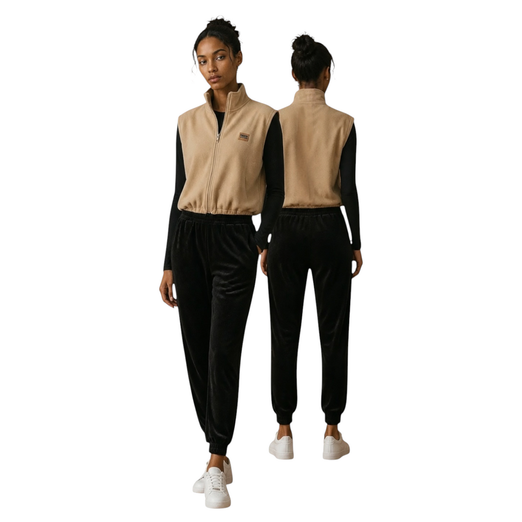 Dune full-zip fleece vest in sand beige, front and back view