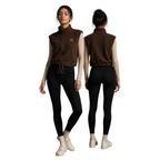 Espresso full-zip fleece vest in chocolate brown, front and back view