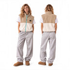 Oasis full-zip vest in beige corduroy and ivory fleece, front and back view