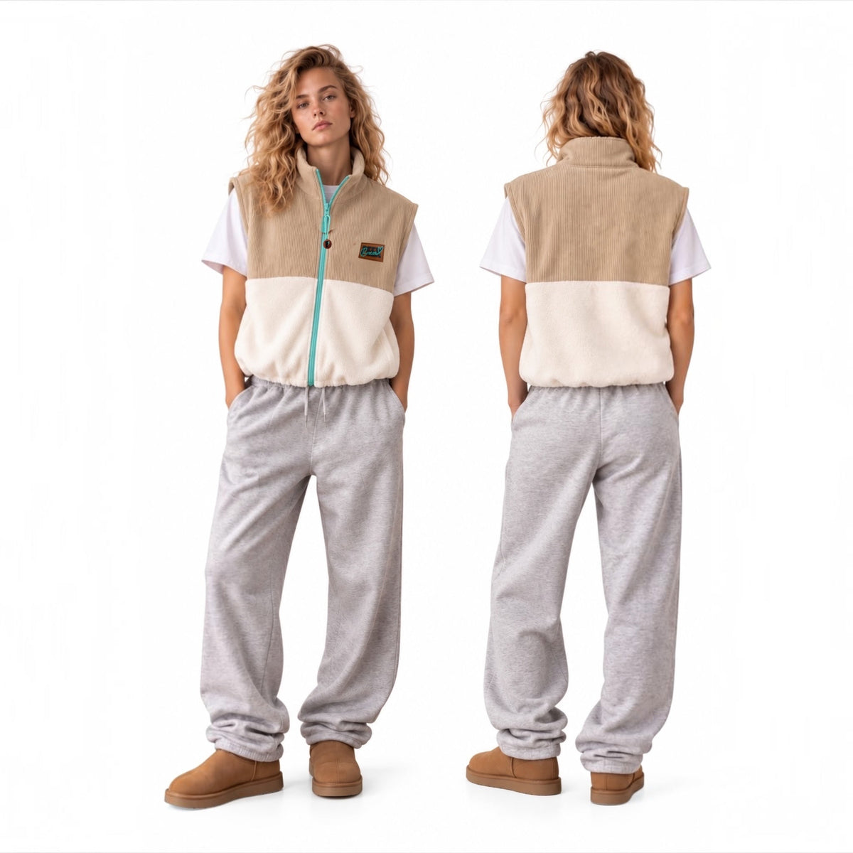 Oasis full-zip vest in beige corduroy and ivory fleece, front and back view